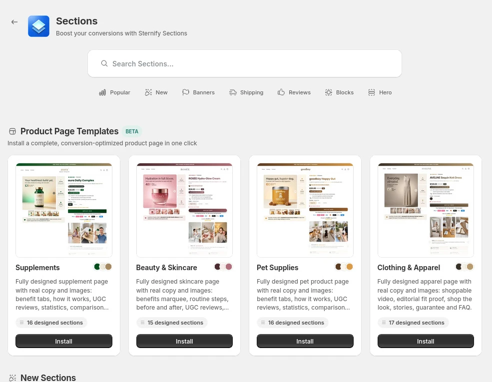 Authenticated Sternify Sections library showing category-specific product-page templates. This proves the available starting structures, not a conversion result.