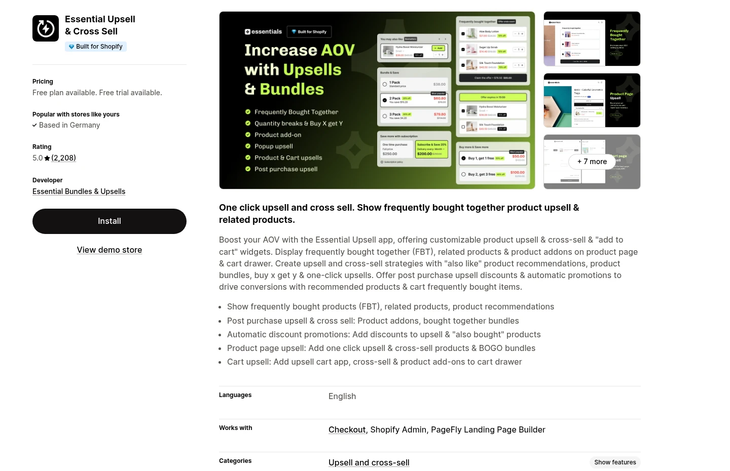 Official Shopify App Store page for Essential Upsell, reviewed August 10, 2026. Capabilities and pricing can change.