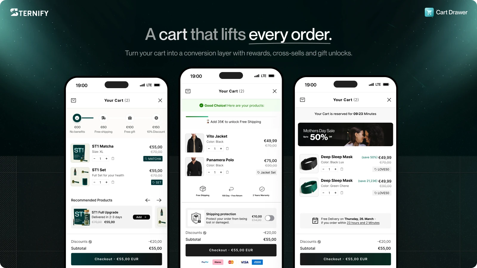 Sternify’s current App Store screenshot shows cart-drawer editing and section settings. Test the same controls with your own theme, discounts, and app stack.