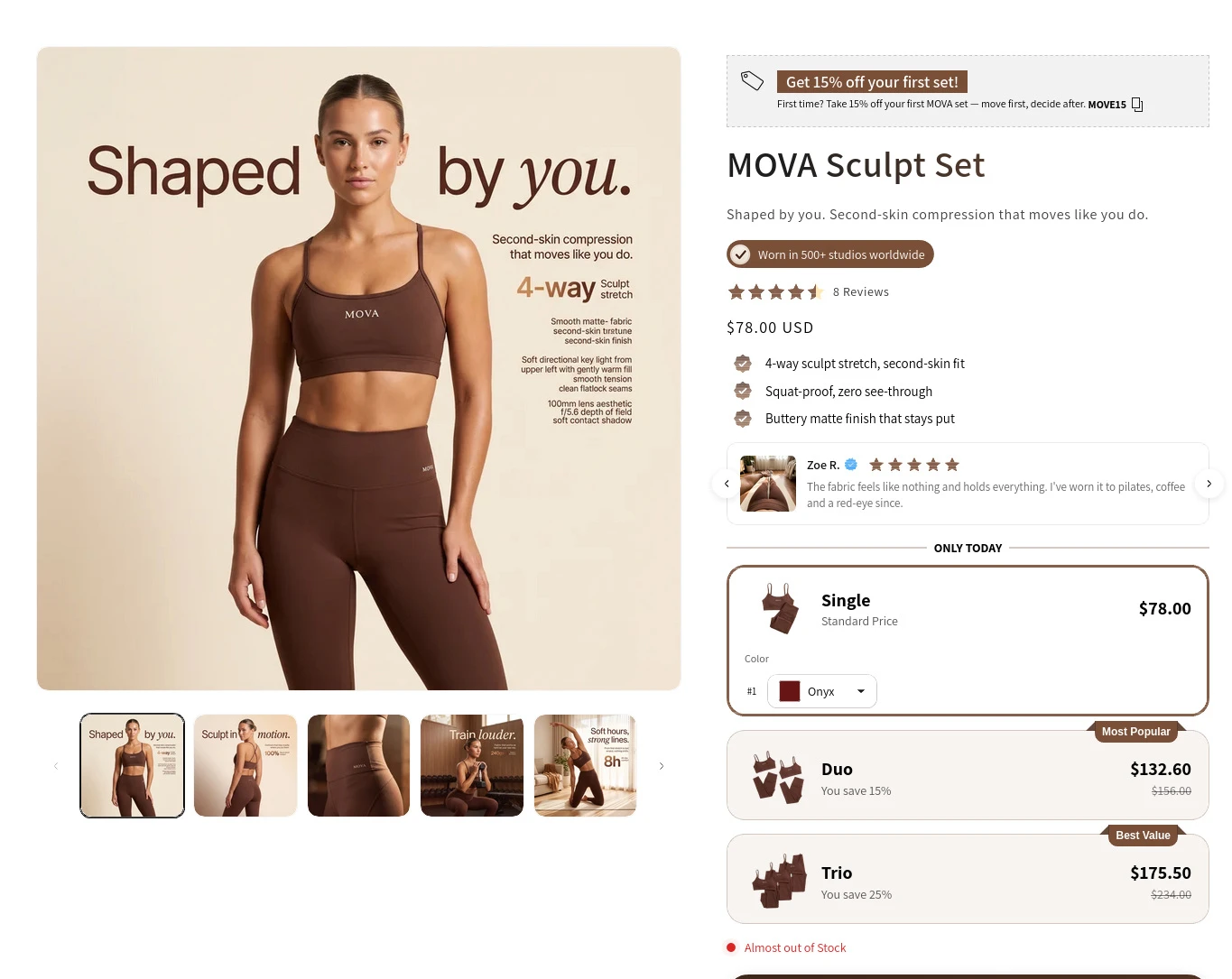 MOVA storefront example: the same Single, Duo, Trio structure adapted to an apparel product page. Captured August 10, 2026 from Sternify Tutorials.