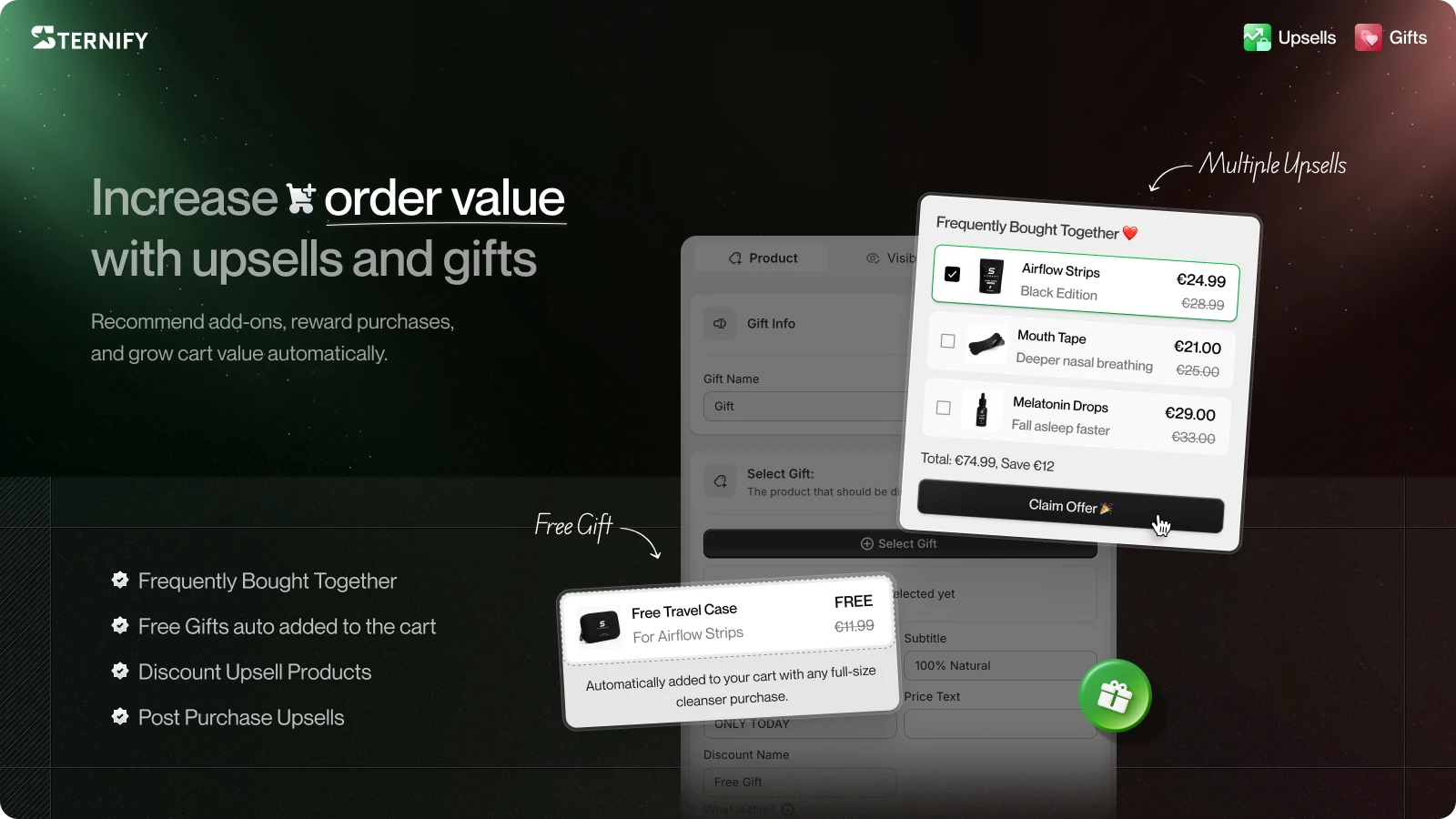 Sternify’s current App Store screenshot shows upsell and free-gift sections. Your campaign still needs its own eligibility, inventory, cart, and refund tests.