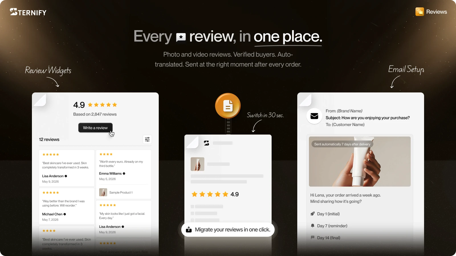 Sternify’s current App Store screenshot shows review and social-proof elements. Test the chosen widgets inside your actual product template before publishing.