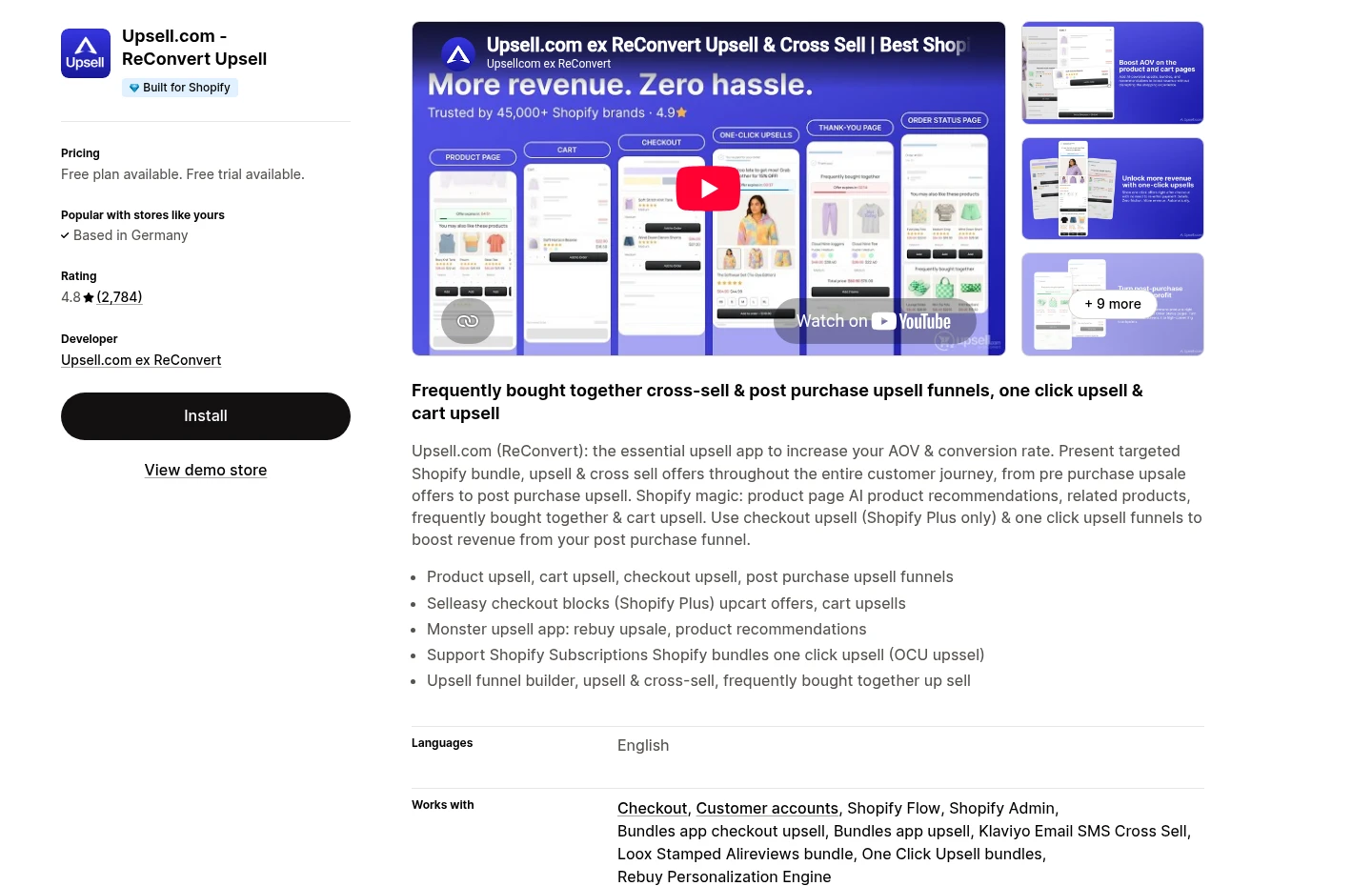 Official Shopify App Store page for Upsell.com ReConvert, reviewed August 10, 2026. Capabilities and pricing can change.