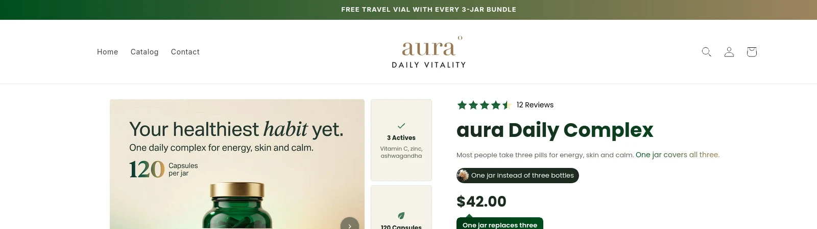 Aura demonstration storefront showing one current free-gift message in the announcement bar. It demonstrates clarity and placement, not campaign performance.