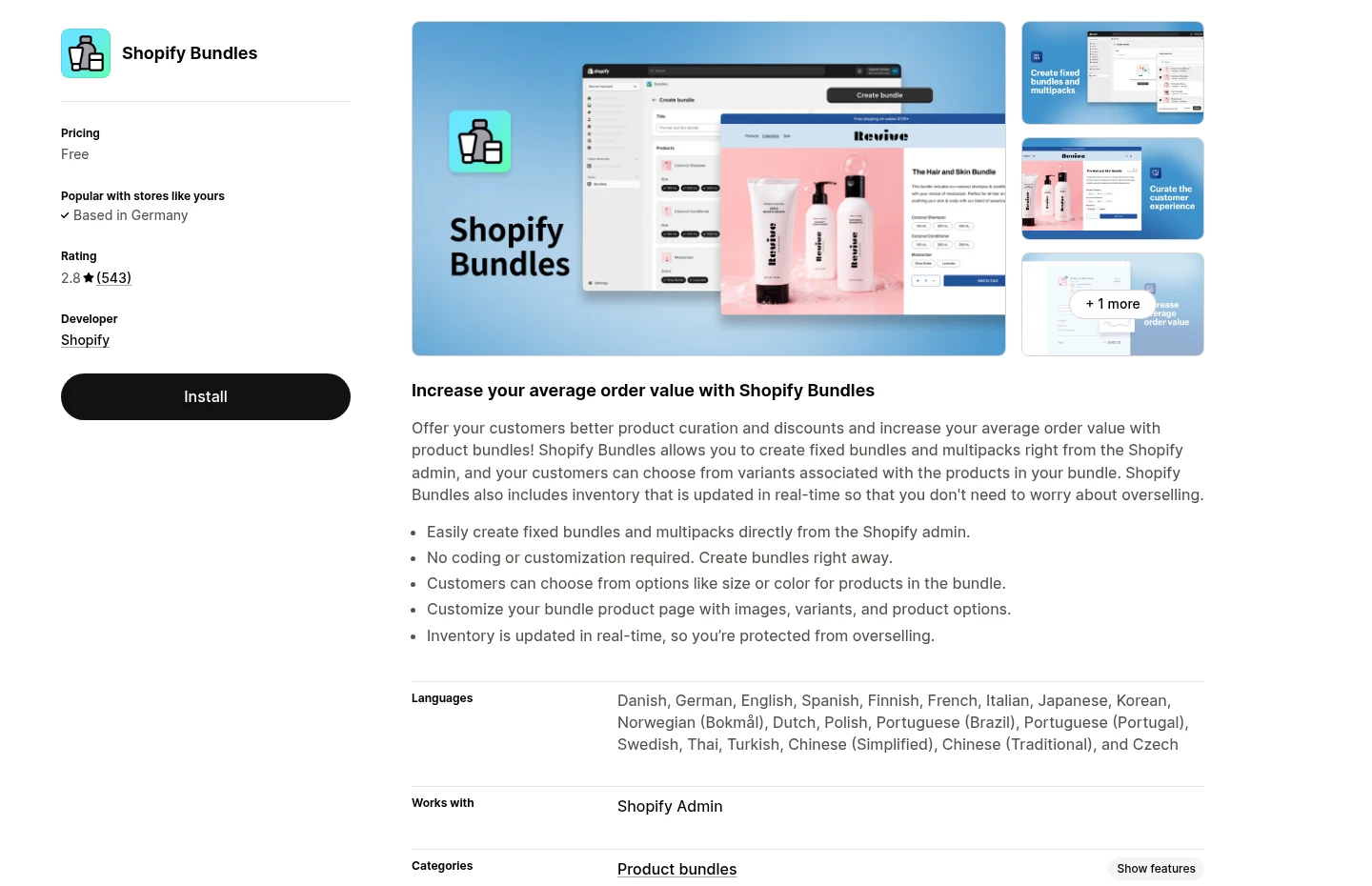Official Shopify App Store page for Shopify Bundles. Features and pricing can change.