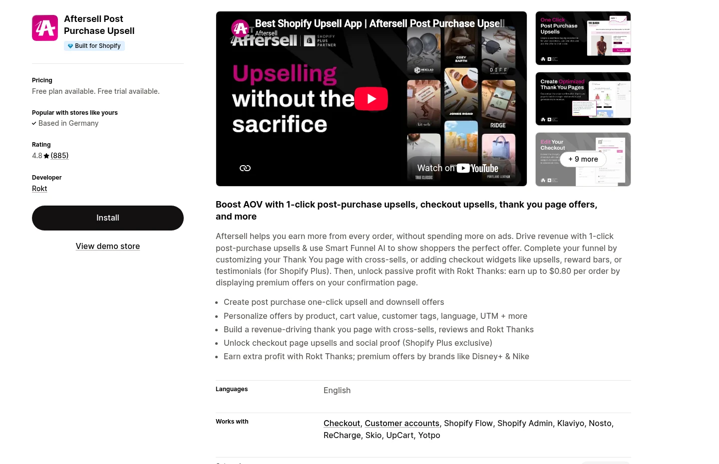 Official Shopify App Store page for AfterSell, reviewed August 10, 2026. Capabilities and pricing can change.