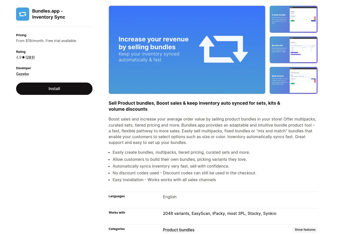 Official Shopify App Store page for Bundles.app. Features and pricing can change.