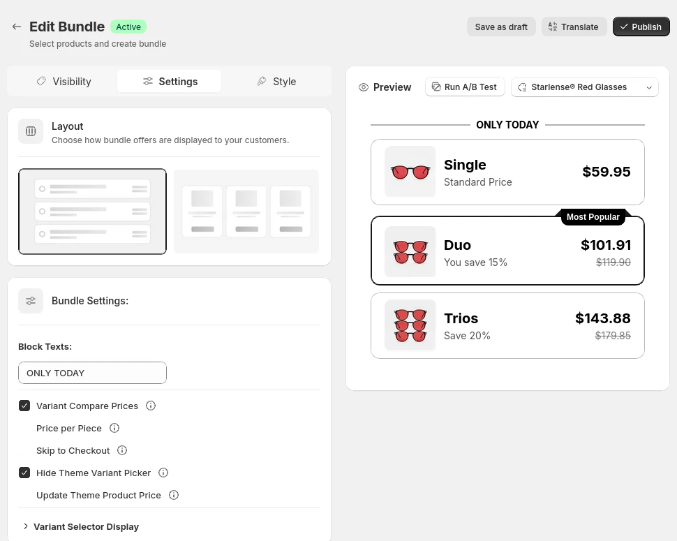 Existing Sternify Tutorial Bundle configuration: offer settings and customer-facing preview shown side by side. No settings were changed for this capture.