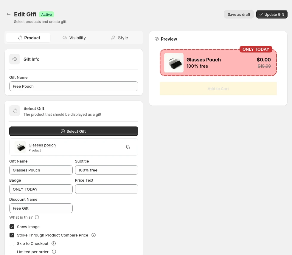 Authenticated Sternify Gift editor showing the selected gift, discount settings, and customer-facing preview side by side. Captured read-only on August 10, 2026; demonstration product data is shown.