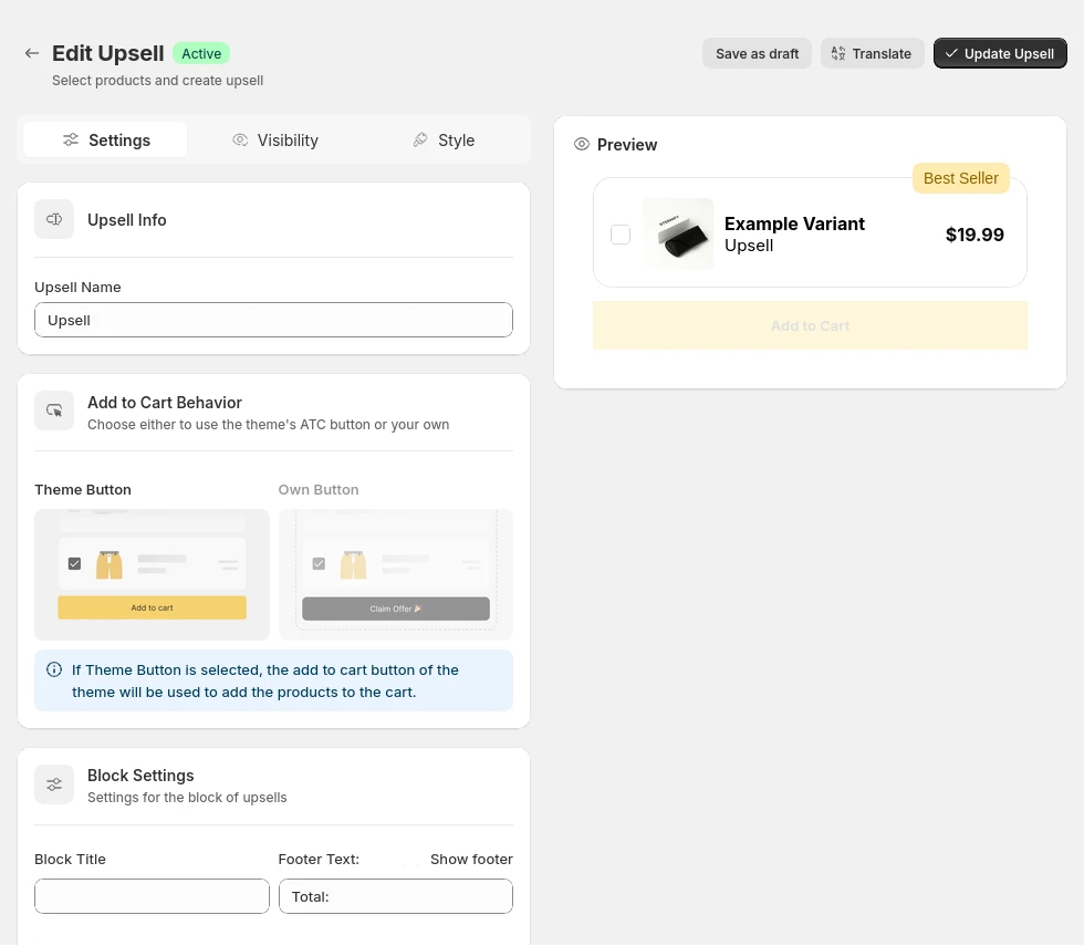 Authenticated Sternify Upsell editor showing offer settings and the customer-facing preview side by side. Captured read-only on August 10, 2026; demonstration product data is shown.