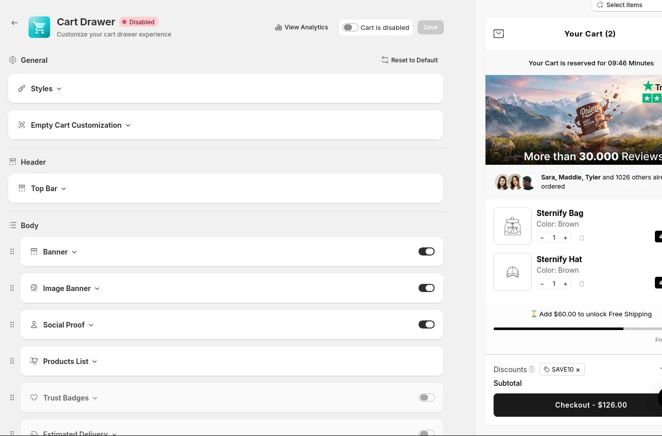 Authenticated Sternify Cart Drawer editor with configurable sections and a live preview using demonstration cart data. Test the final drawer with your own theme, discounts, and app stack.