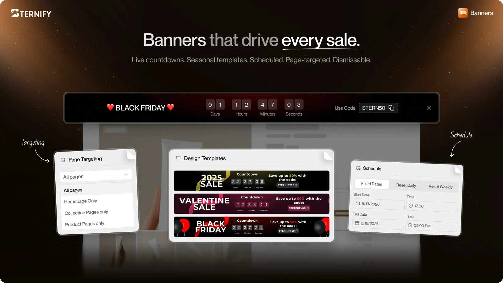 Sternify’s current App Store screenshot shows available banner sections. Preview the final message, deadline, and action at desktop and mobile widths.