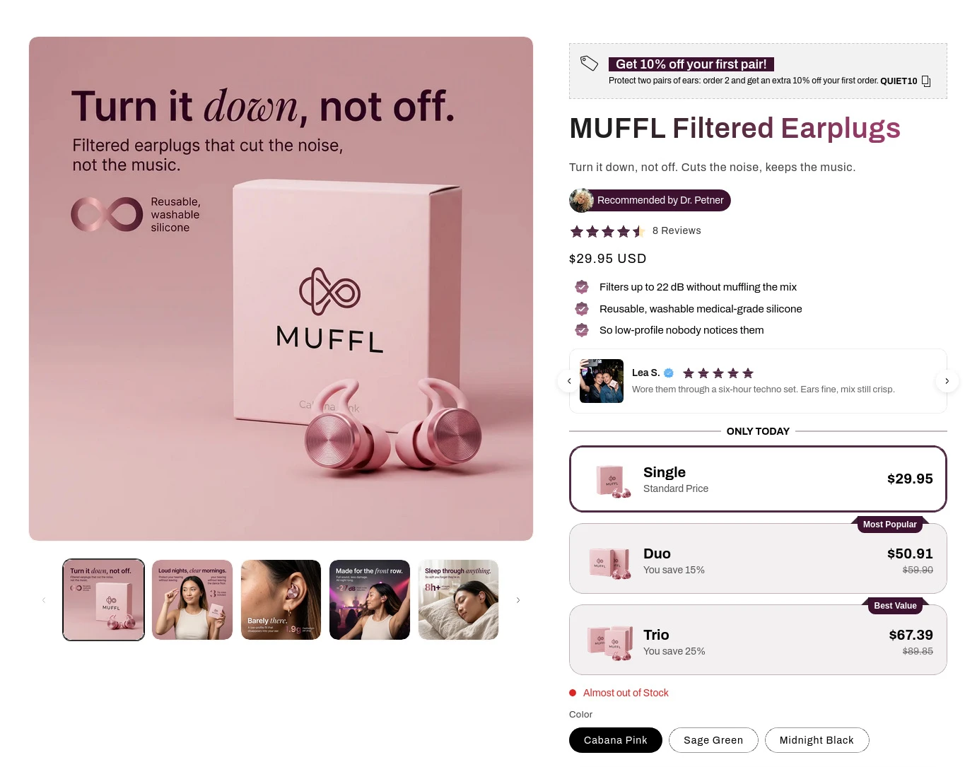 MUFFL storefront example: three quantity tiers with savings, Most Popular, and Best Value states visible in the buying flow. Captured August 10, 2026 from Sternify Tutorials.